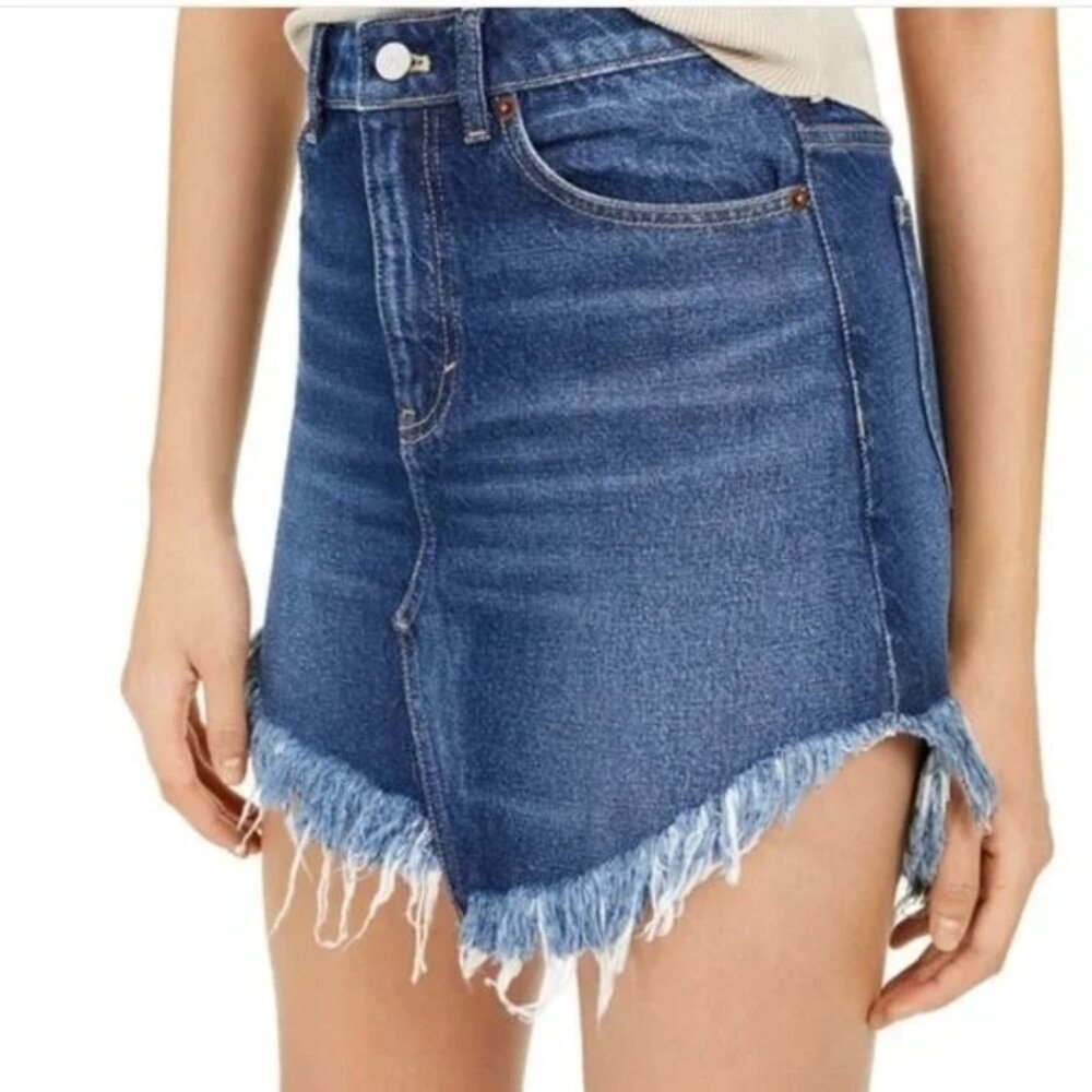 Free People Bailey Denim Fringe High Waist Mini Skirt Dark Blue 29 - Picture 2 of 9
